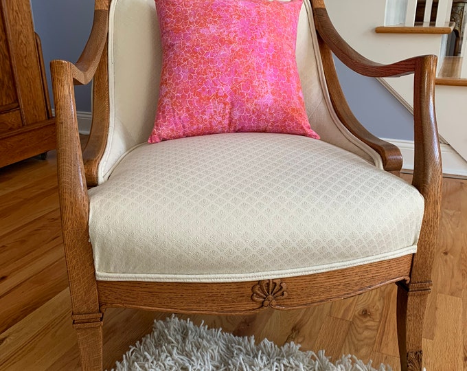 Antique Tiger Oak Cross Pattern Upholstered Accent Chair Lover Antiques and Vintage