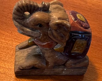 Vintage Hand Carved Soapstone Elephant Figurine: Painted Floral Detail