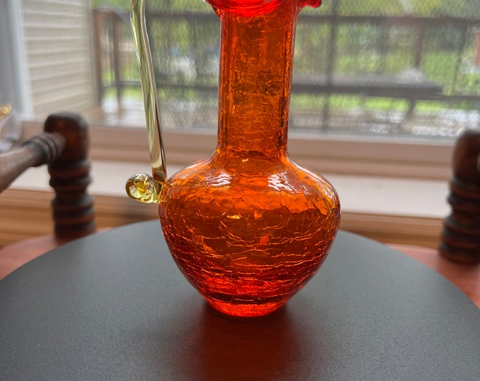 Vintage Crackle Amber Art Glass  Colored Pitcher with handle orange and yellow, Lover Antiques and Vintage