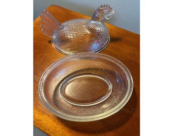 Vintage Glass Rooster On Nest Covered Dish Nesting Chicken Clear with lid art glass