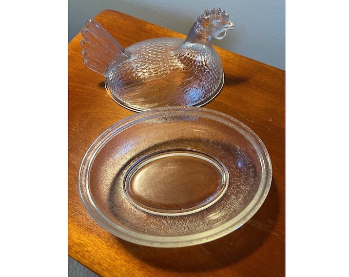 Vintage Glass Rooster On Nest Covered Dish Nesting Chicken Clear with lid art glass