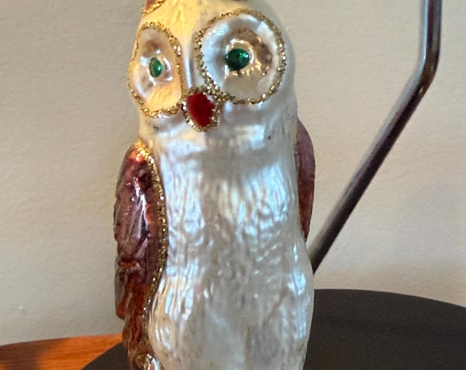 Vintage Owl with Green Eyes on a Perch Hand Blown Owl Christmas Holiday Lover Antiques and Vintage
