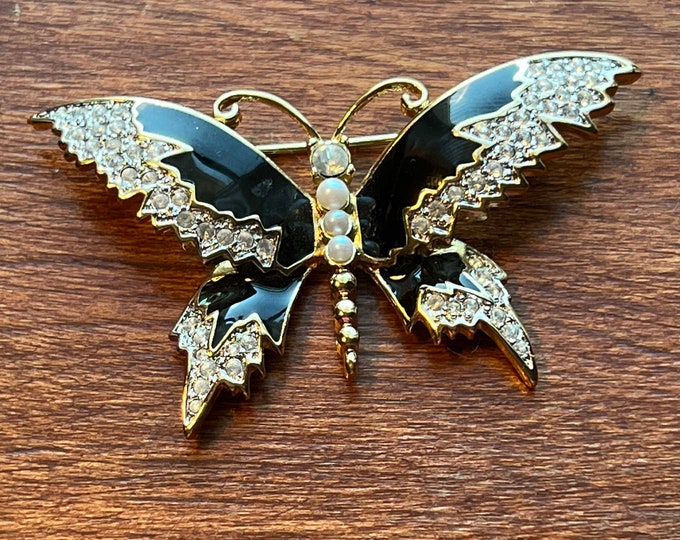 Vintage colorful butterfly black and gold tone gem brooch pin Art great gift