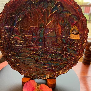 Vintage Fenton Carnival Glass Plate: Winter Country Scene