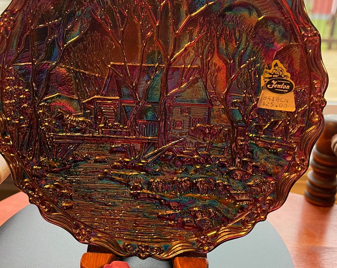 Vintage Fenton Handmade Heavy Pressed Glass Plate Winter in the Country Old Grist Mill No. 1 Series Rich Carnival Iridescent Purple Color