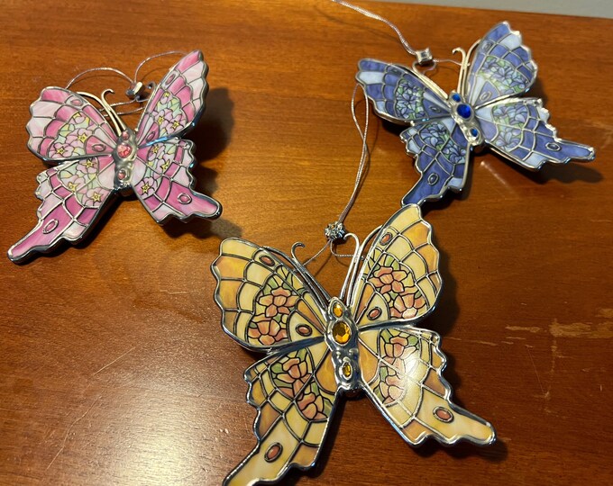 Vintage Bradford Editions Butterflies Silken Wings Porcelain Lot of 3 stained glass butterfly Christmas ornaments gift Set #4