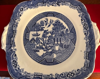Antique Royal Staffordshire Blue Willow Square Cake Plate