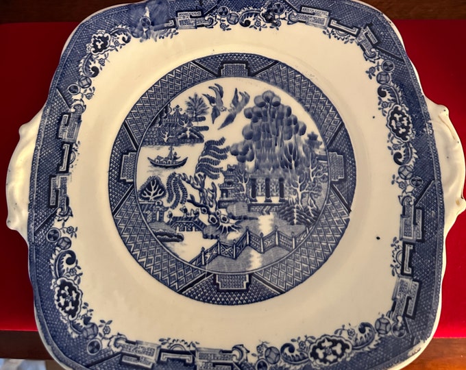 Antique Royal Staffordshire Blue & White Square Cake Plate, Willow Pattern Square Platter, Lover Antiques and Vintage
