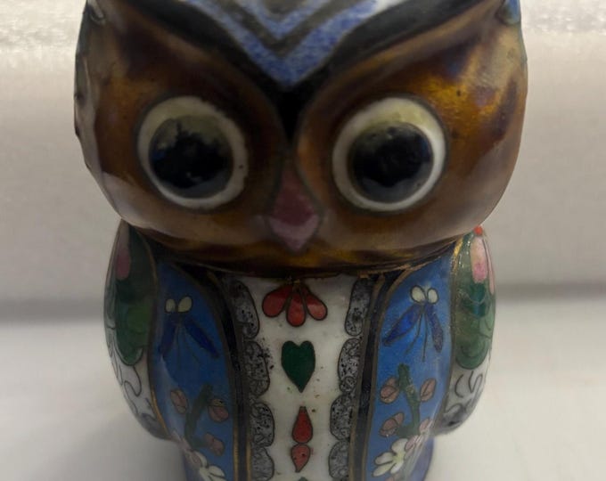 Cloisonné Enamel & Brass Owl Bank, Early Owl Figurine, Lover Antiques and Vintage