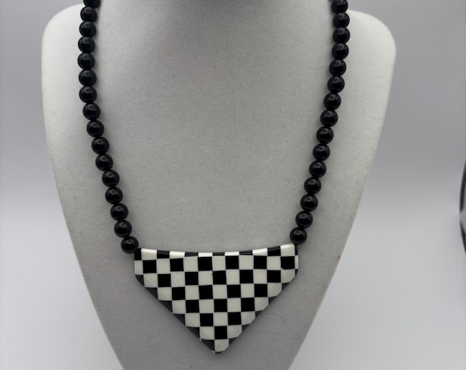 Vintage Black & White Checkered Retro Necklace, Lover Antiques and Vintage