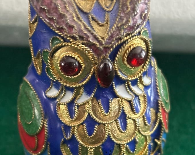 Vintage Cloisonné Brass Enameled Tall Standing Owl Statue Colorful Enameled Owl Figurine Lover Antiques and Vintage