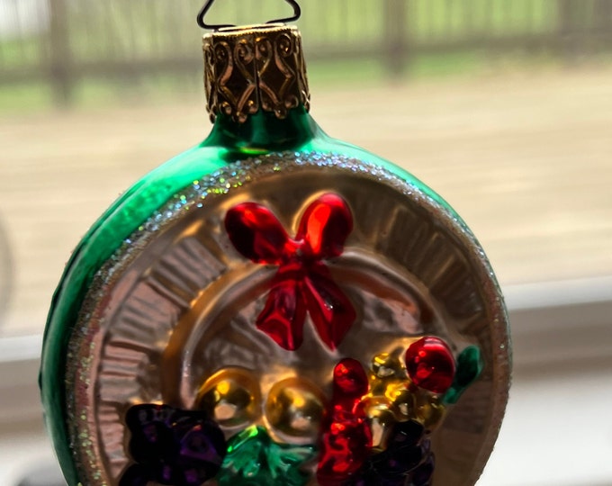 Vintage Inge Glas Old World Hand Blown Glass Art Round Cross and Bow Ornament Made in Germany old ornaments glass art collectibles