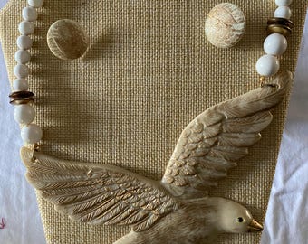 Vintage Bird in Flight Figural BIB Beaded Statement Resin Necklace & Matching Earrings Soaring Bird Jewelry Lover Antiques and Vintage