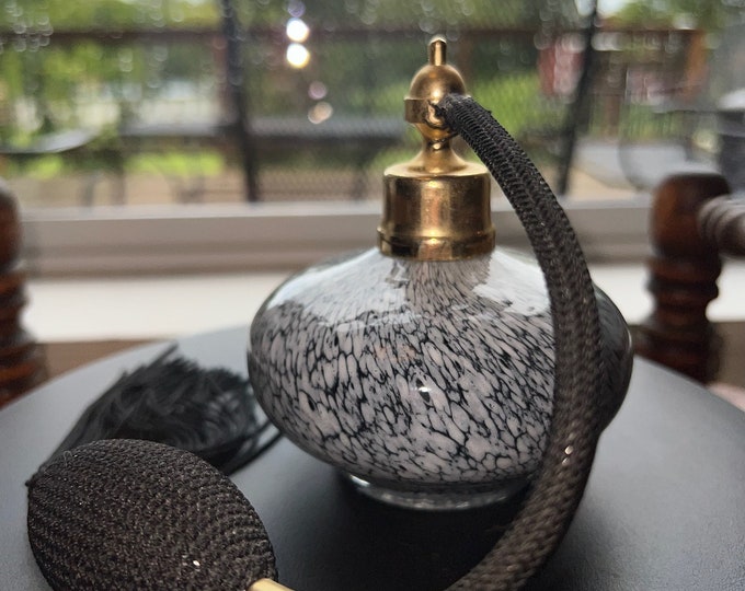 Vintage Fancy Perfume Bottle Black and White Opalescent Hand Blown Glass with Poof Atomizer Lover Antiques and Vintage