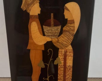 Vintage Marquetry Picture Grape Harvest Artwork Boy and Girl with a Basket Soviet Union Factory No. 2 Artwork Lover Antiques and Vintage