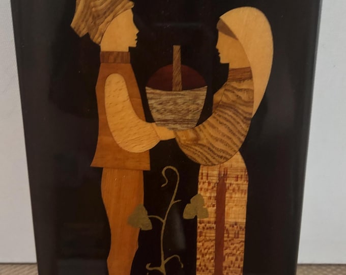 Vintage Marquetry Picture Grape Harvest Artwork Boy and Girl with a Basket Soviet Union Factory No. 2 Artwork Lover Antiques and Vintage