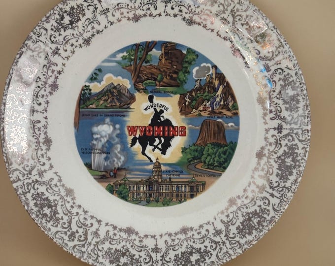 Vintage Wyoming State Plate, Silver Filigree Pattern, Bucking Bronco Souvenir Plate, Lover Antiques and Vintage