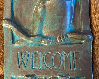 Owl Welcome Sign Tile by Janet Ontko, Clay Tile Owl Welcome Gift Handcrafted Owl Welcome Clay Tile Lover Antiques and Vintage