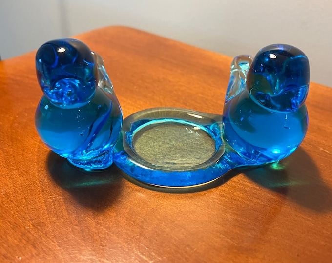 Vintage Pair Double Bluebird of Happiness with Candle Holder blue glass art signed by Ron Ray 1992 birds bird