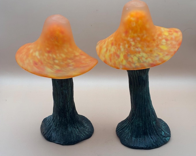 Vintage Orange Slag Glass and Cast Iron Set of 2 Mushrooms Figurines For Home or Outdoor Use Lover Antiques and Vintage