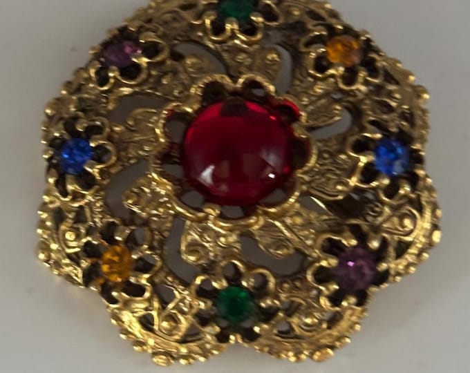 Antique Bronze Cabochon with Colored Stones Brooch Pin Lover Antiques and Vintage