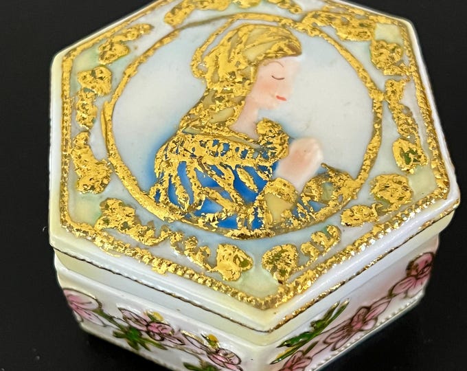 Vintage Madonna Praying Porcelain Trinket Box with Gold Brush and Hand Painted Flower Details Lover Antiques and Vintage