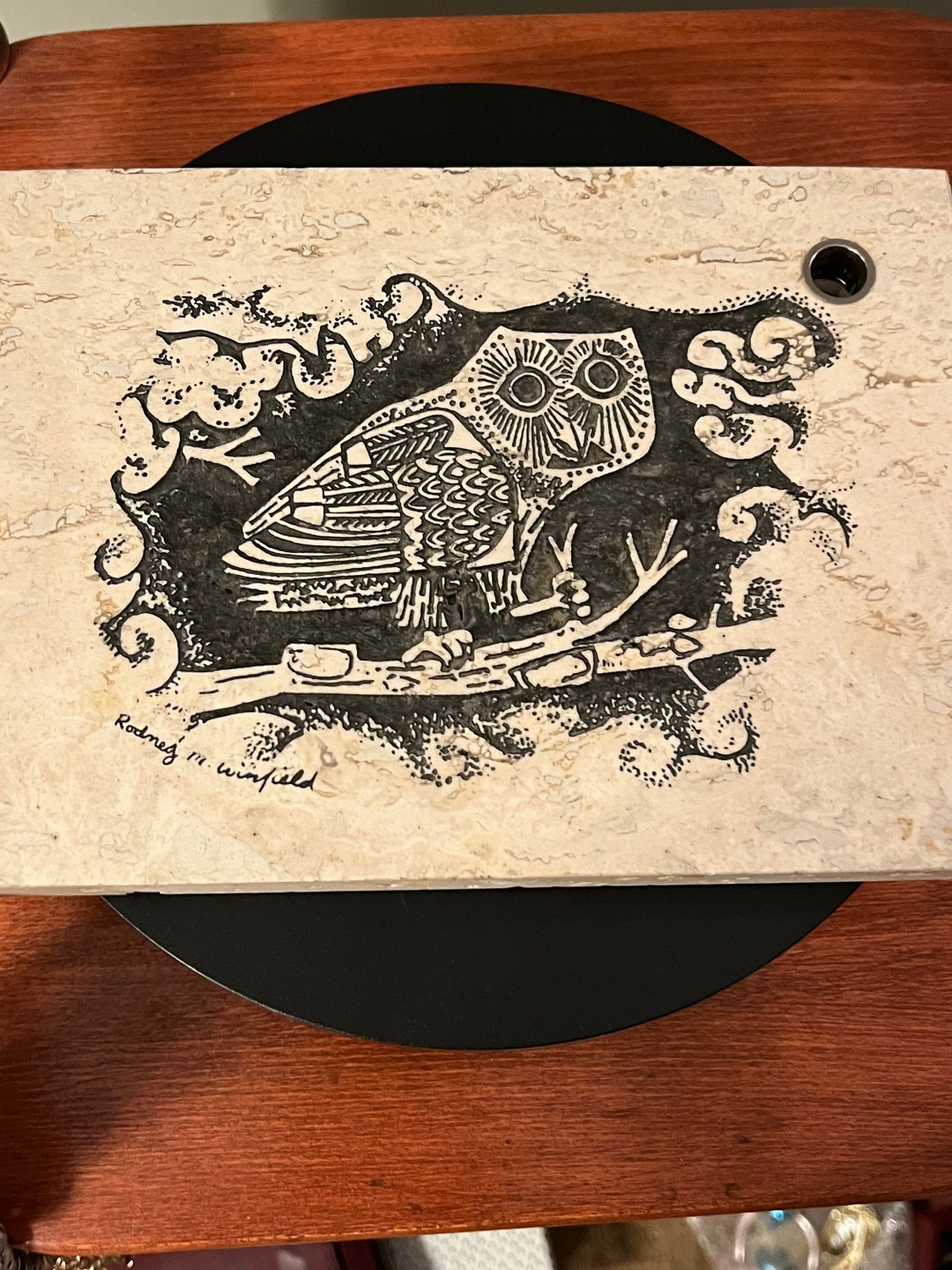 Vintage Owl Etching on Italy Travertine Tile Pen Holder Etsy