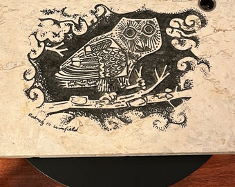 Vintage Owl Etching on Travertine Tile Pen Holder, Signed Art