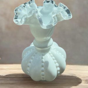 Vintage Fenton Silvercrest Vase: White Milk Glass Beaded Melon Design