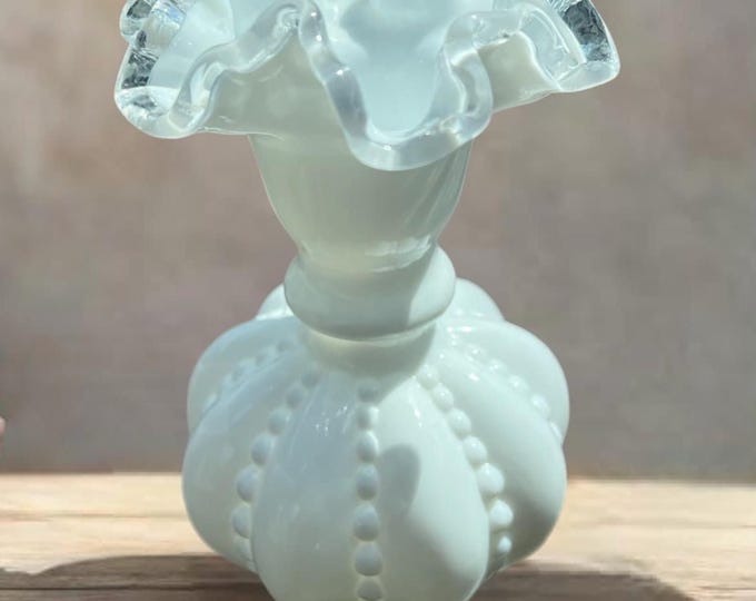Vintage Fenton Silvercrest Beaded Melon Vase, Fenton White Milk Glass Vase, Lover Antiques and Vintage