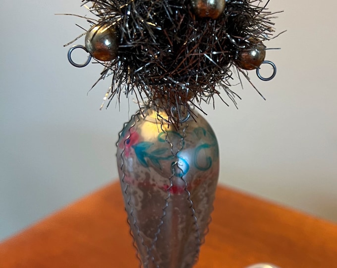 Antique Victorian Wire and Tinsel Wrapped Hand Painted Mercury Glass Ornament Old Ornaments
