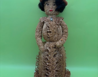 Vintage Folk Art Artist Made Moss Fiber Woman Doll Lover Antiques and Vintage