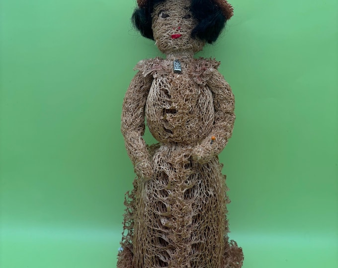Vintage Folk Art Artist Made Moss Fiber Woman Doll Lover Antiques and Vintage