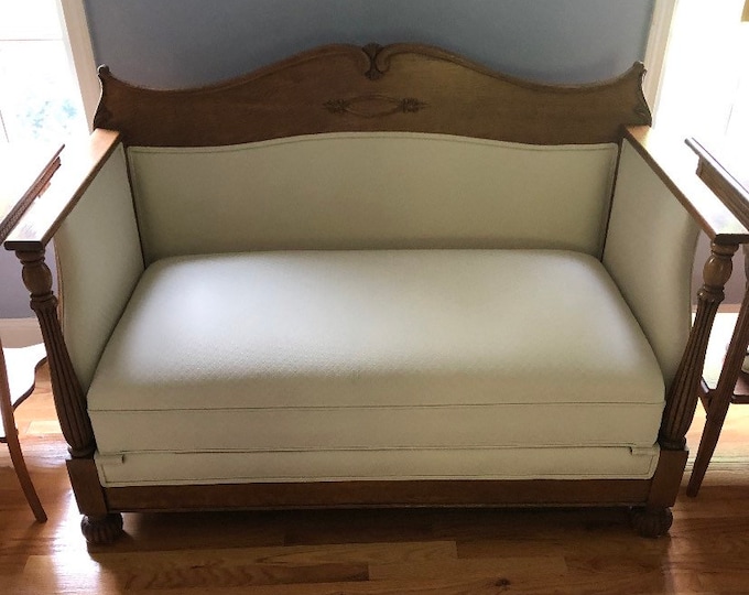 Antique Oak Carved Cream Loveseat with Pull Out Trundle Bed Lover Antiques and Vintage