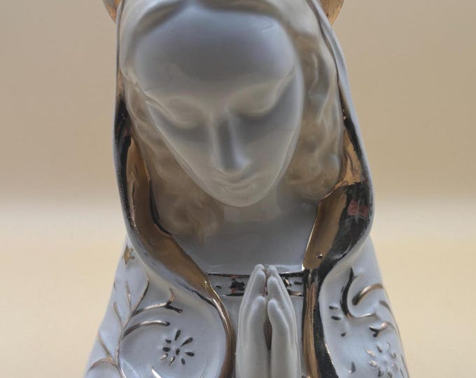 Vintage Praying Madonna Statue with Gold Gilding Figurine Hand Painted Porcelain Virgin Mary Figure Lover Antiques and Vintage