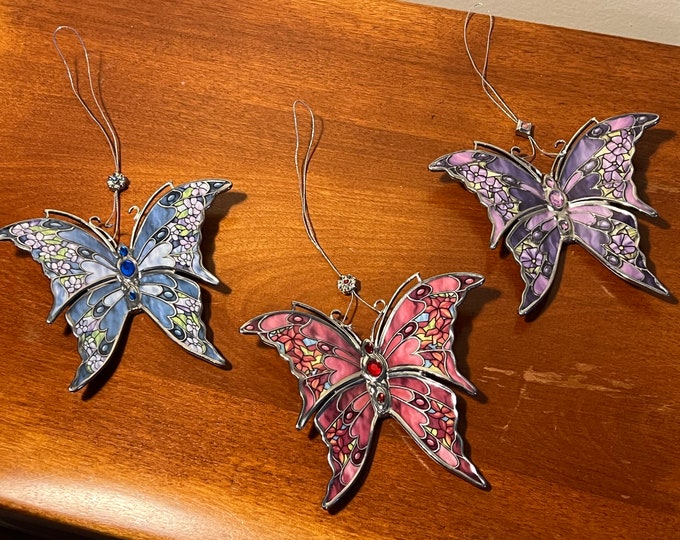 Vintage Bradford Editions Butterflies Silken Wings Porcelain Lot of 3 stained glass butterfly Christmas ornaments gift Set #1 Lover Antiques