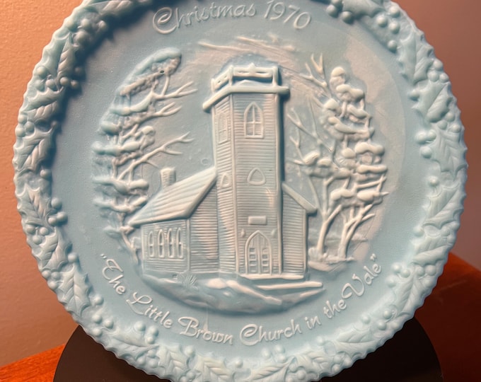 Vintage Fenton Blue Satin Christmas in America No. 1 The Little Brown Church in the Vale Handmade Heavy Pressed Glass Plate Christmas 1970
