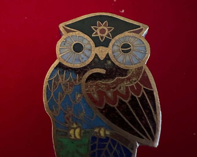 Vintage Cloisonné Enamel Owl Trinket Box, Colorful Enameled Red Blue Black White Owl Figurine, Lover Antiques and Vintage