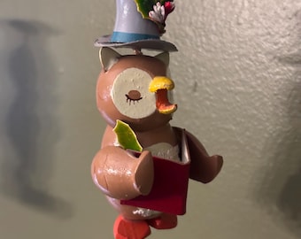 Kurt S. Adler Wooden Owl with Top Hat Ornament, Hand Carved Hand Painted Figurine
