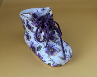 Vintage Nantucket Home Porcelain Baby Shoe with Purple Violets Gold Gilding and Purple Trim and Lace Lover Antiques and Vintage