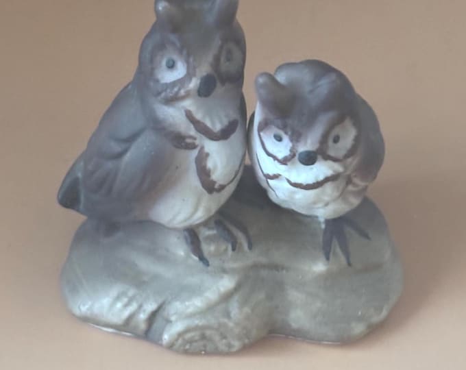 Two Owls Sitting on a Log, by Naples Italy Artist, Lover Antiques and Vintage
