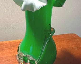 Vintage Green Flowers Blossom Murano Style Art Glass Vase Flower Bloom