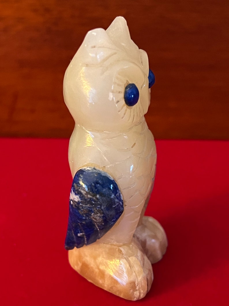 Vintage White Quartz Owl With Blue Eyes, Owl With Heart Quartz Base
