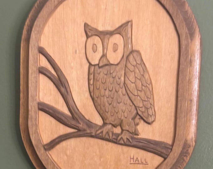 Owl on a Branch Carved Intarsia Hand Carved, Signed Hall, Lover Antiques and Vintage