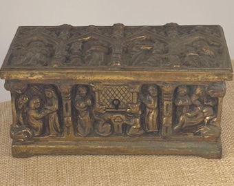 Antique Gothic Bronze Trinket Box Casket Jewelry Box Vintage Relic Collectible