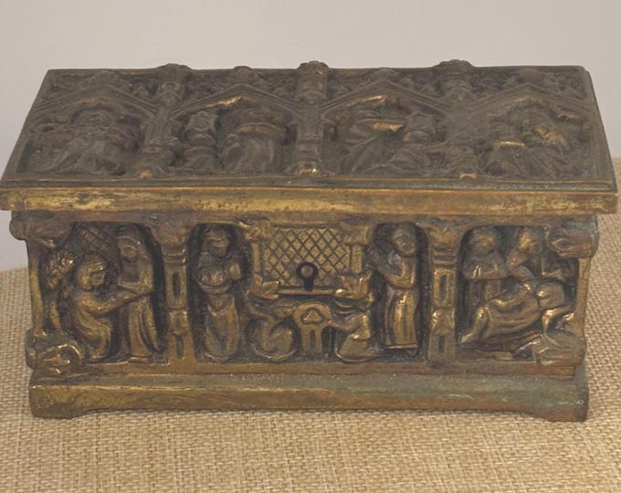 Antique Gothic Bronze Trinket Box Casket Jewelry Box Vintage Relic Collectible