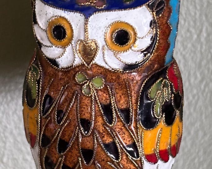 Vintage Cloisonné Brass Enameled Tall Standing Owl Statue Colorful Enameled Owl Figurine Lover Antiques and Vintage