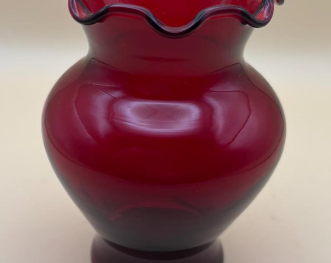 Vintage Ruby Red Ruffled Glass Vase With Curvy and Fluted Top Lover Antiques and Vintage