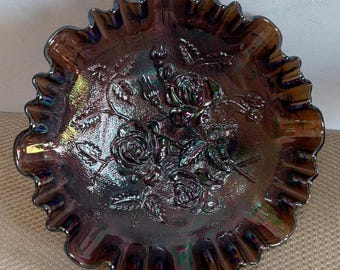 Imperial Glass Three Footed Carnival Glass Bowl, Amethyst Purple Open Rose