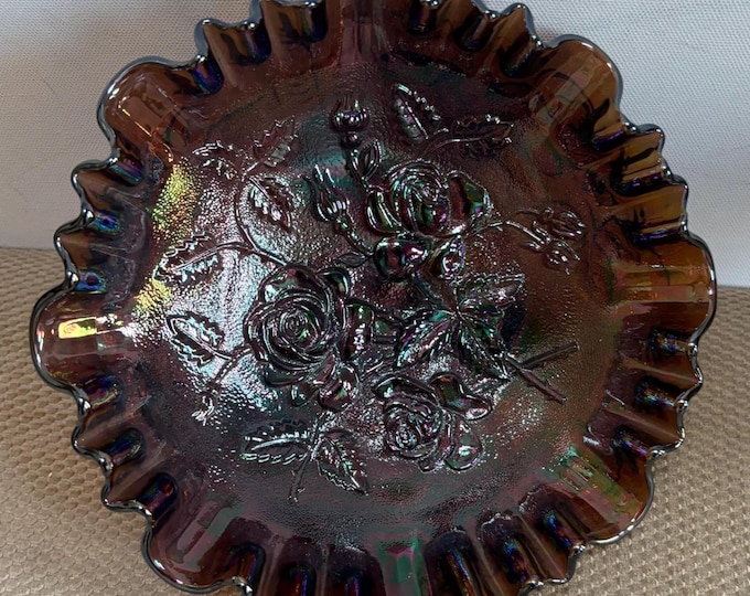 Imperial Glass Three Footed Carnival Glass Bowl, Amethyst Purple Open Rose